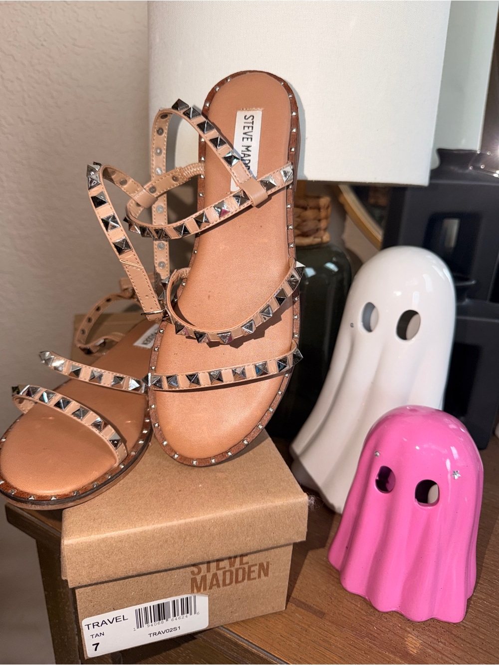 Steve Madden Tan Pyramid-Stud Strappy Sandals